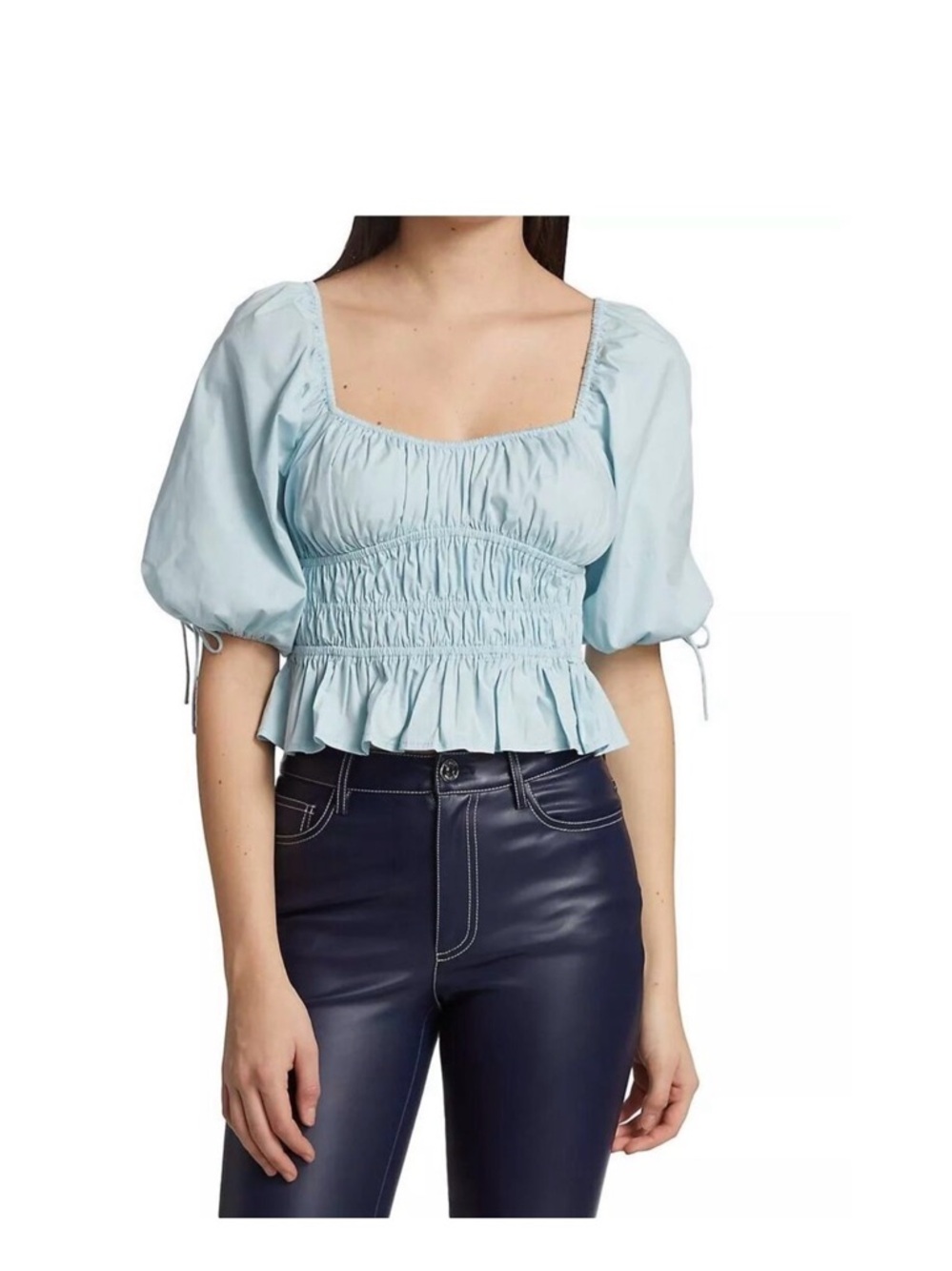 STAUD Light Blue Smocked Square-Neck Puff Sleeve Top